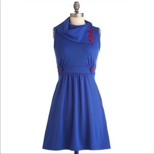 Modcloth Monteau Coach Tour azure dress with red buttons